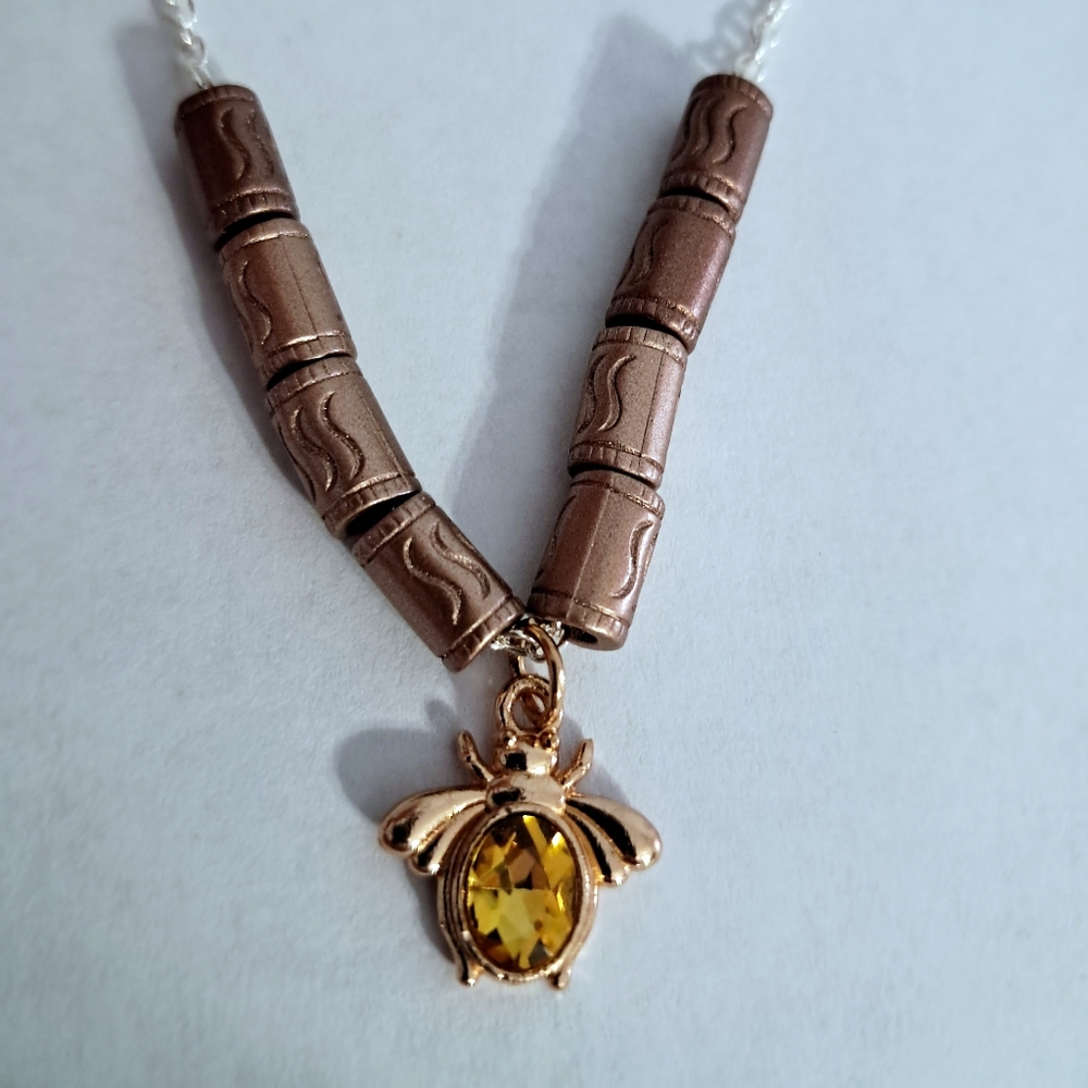 Handcrafted Necklace Bee Pendant Gold Brown Silver Tone Chain Fairycore Gifts